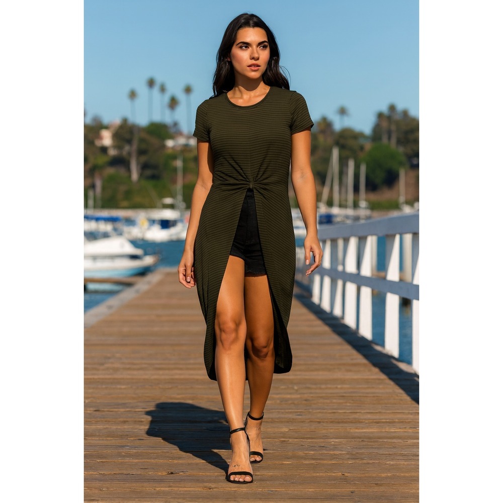 NWT Haute Monde OLIVE BLACK Striped French Knot Open Bottom Popover Dress Top L*
